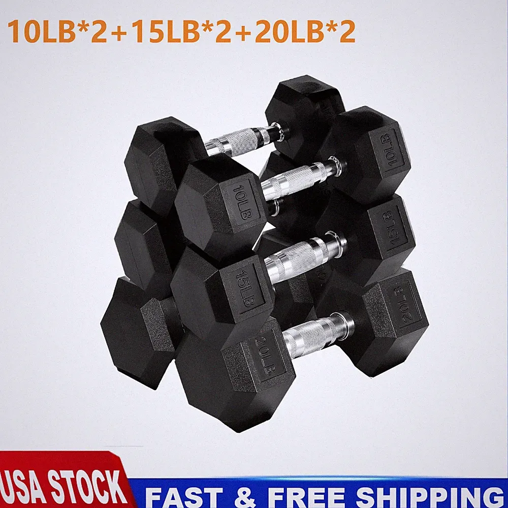 10/15/20 LBS Pair Rubber Hex Dumbbell Set Home Gym Workouts Hand Weights 6PCS
