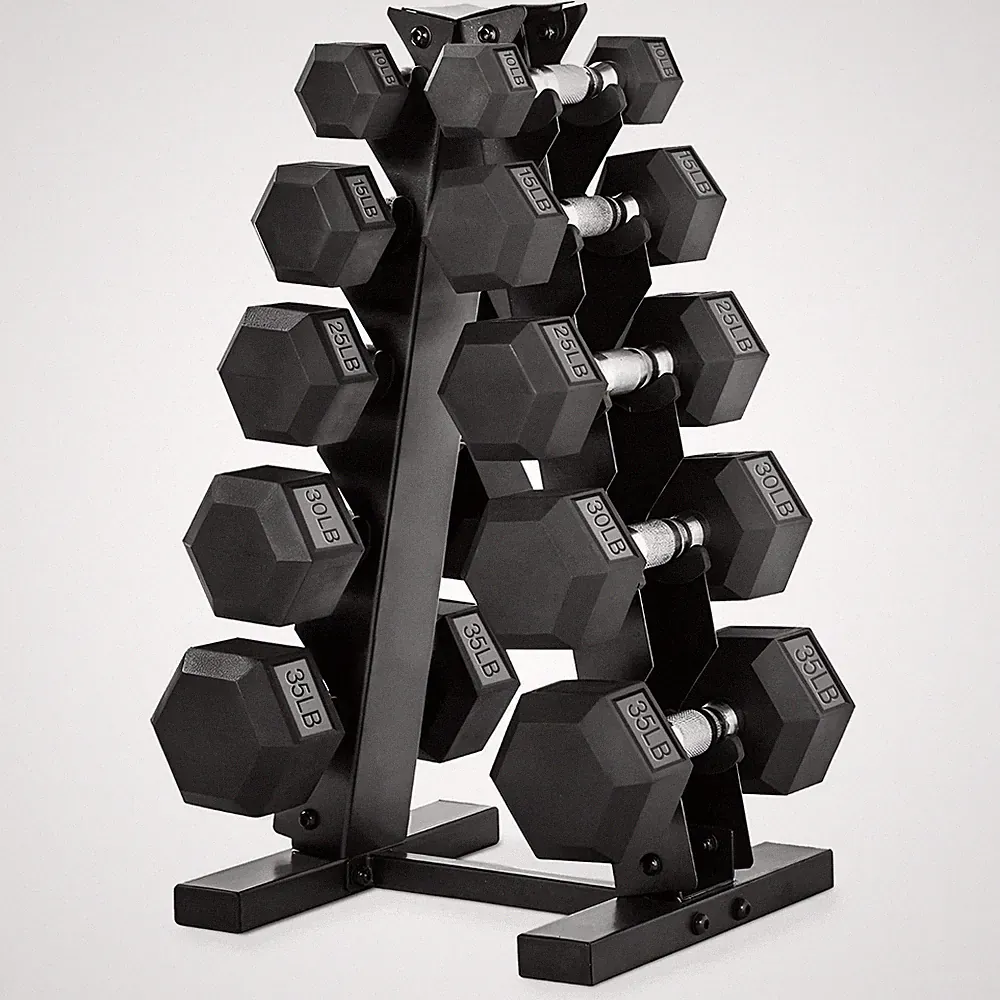 10, 15, 25, 30 & 35 Lb Hexagonal Dumbbell Weight Set w/ Rack, Black