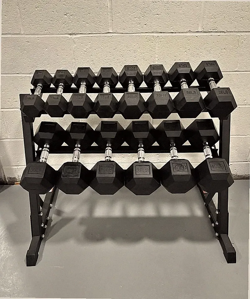 10–40 LB Rubber Hex Dumbbell Set with 2-Tier Rack, 7 Pairs, Home Gym Weights
