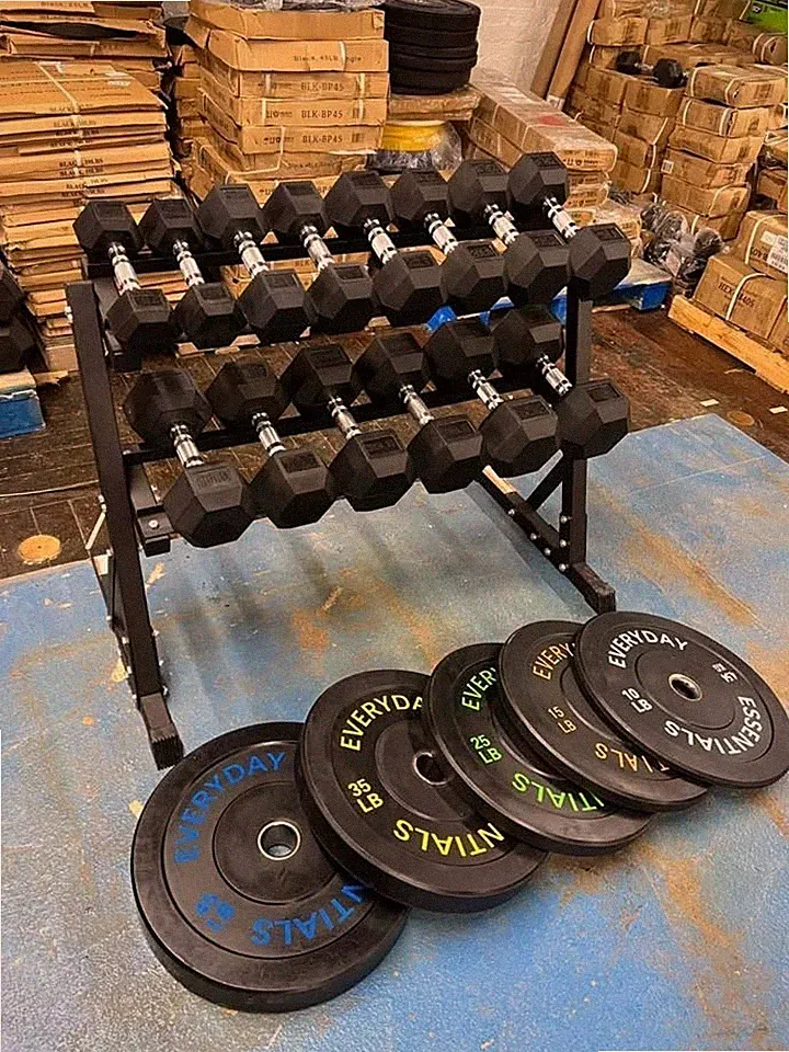 10–40lb Hex Dumbbell Set w/ Rack + 260lb Olympic Bumper Plate Set Gym Bundle