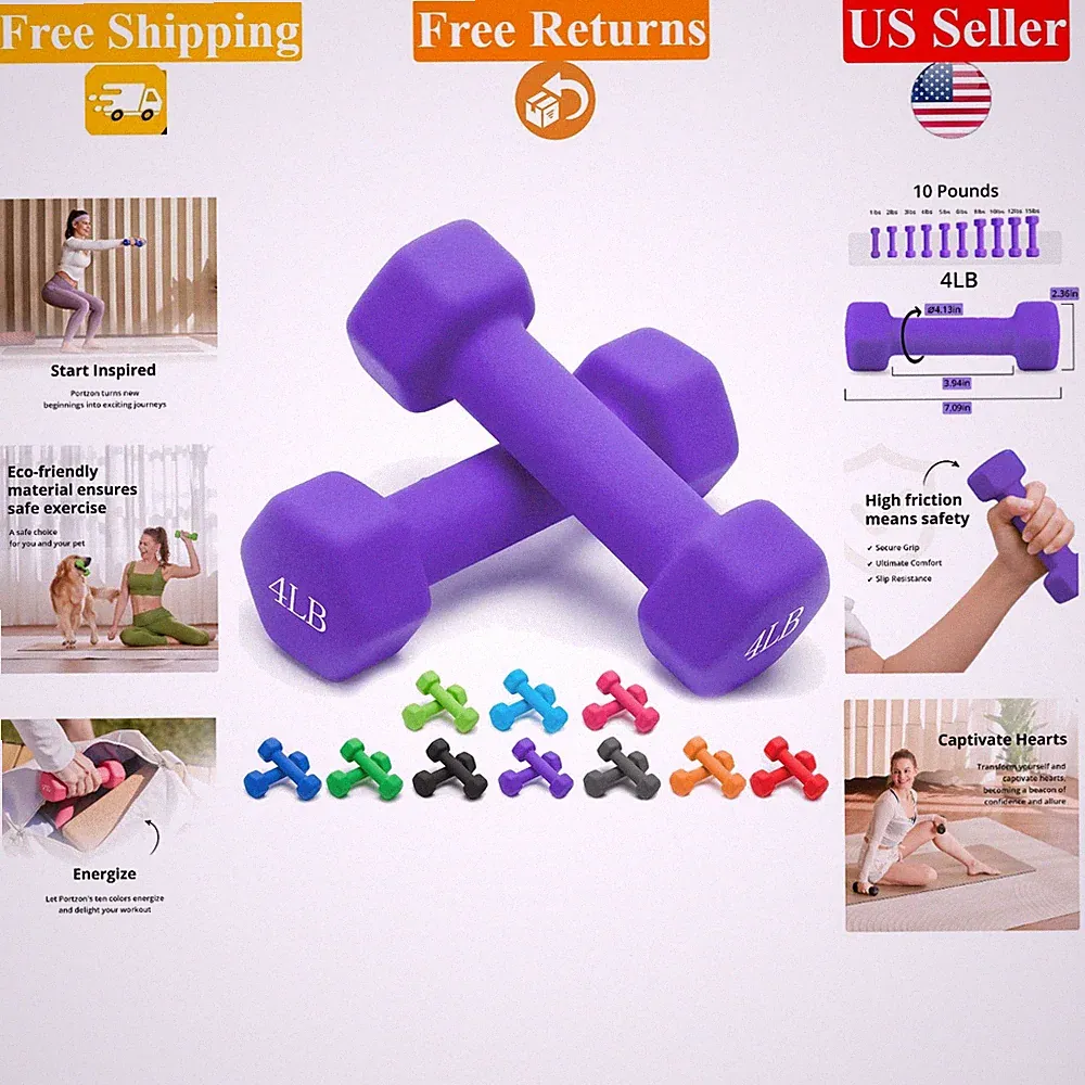 10 Color Options 4 lb Neoprene Dumbbells Set of 2 Anti-Slip Hex Shape