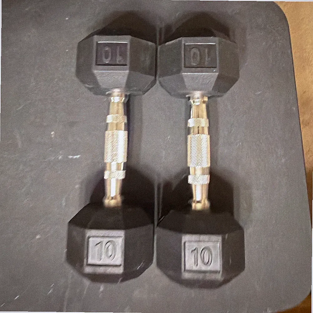 10 lb Pair Hex Dumbbells Set of 2 Black Rubber Heads Silver Metal Handles