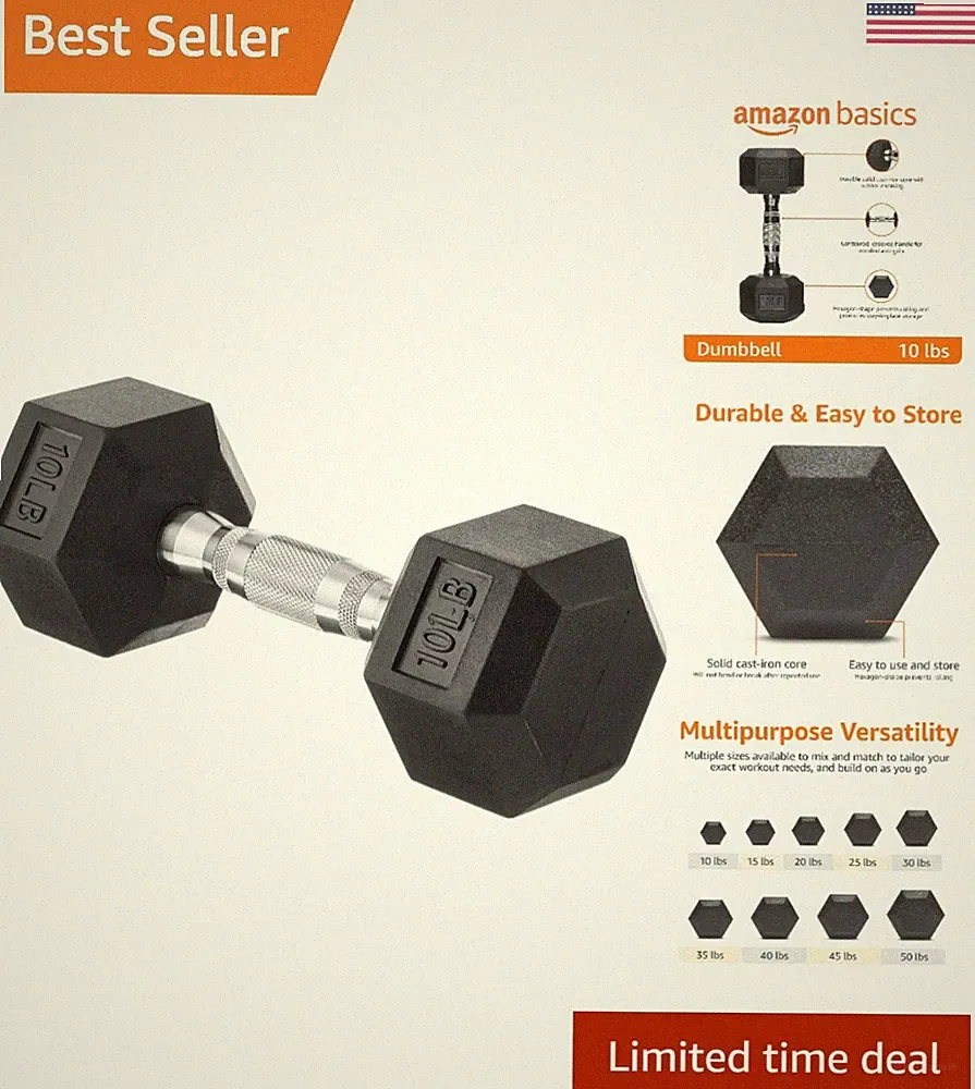 10-Pound Rubber Hex Dumbbell Hand Weight for Strength Training & Resistance