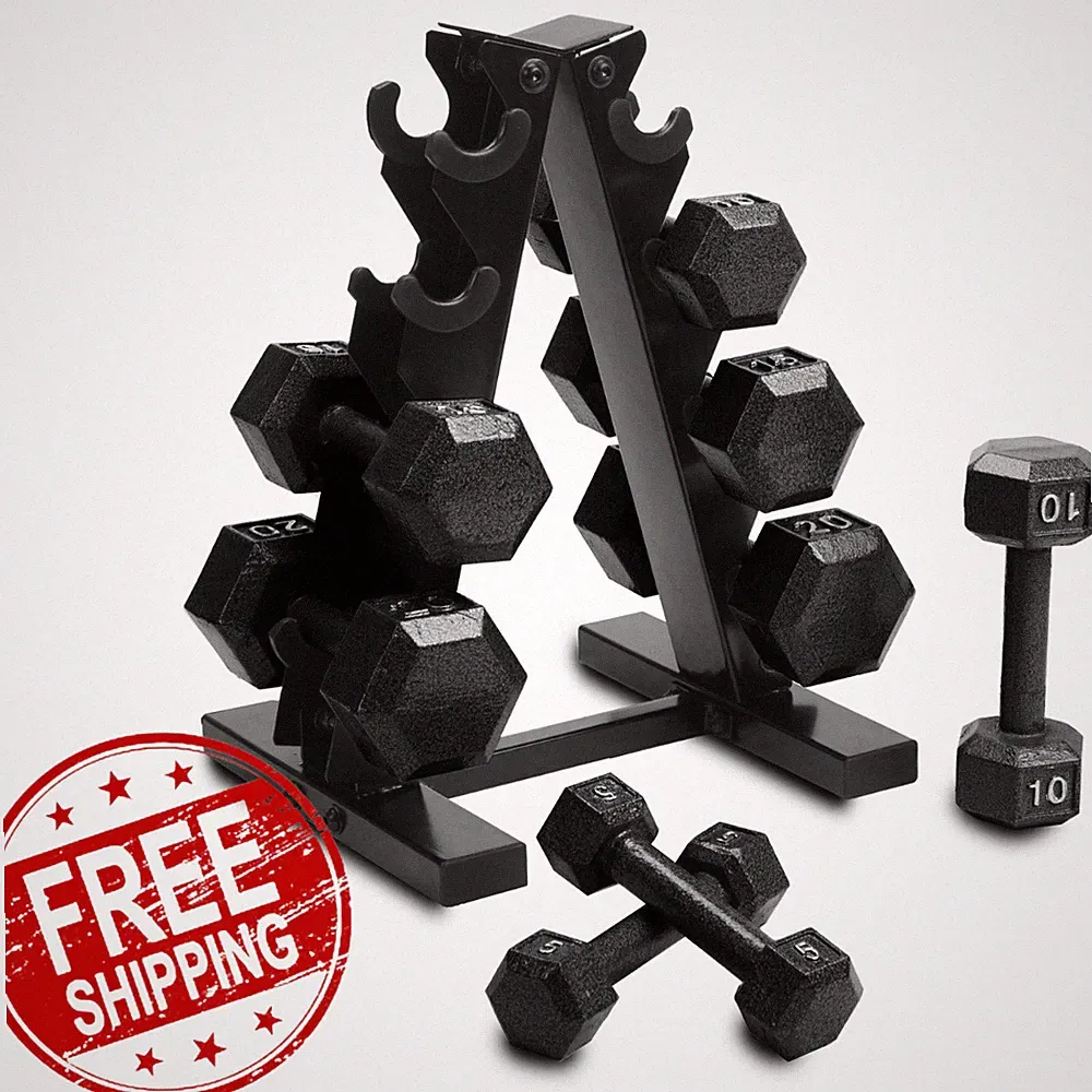 100 Lb Cast Iron Hex Dumbbell Weight Set Rack Black Home Gym 5 12 15 20 Pounds