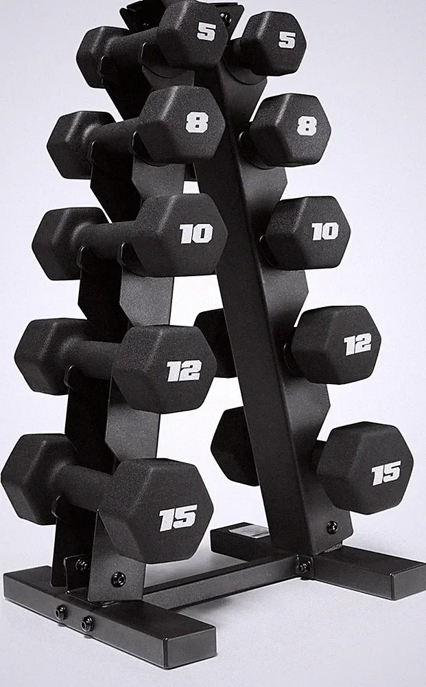 100 Lb Neoprene Hex Dumbbell Set with A-Frame Rack - Black
