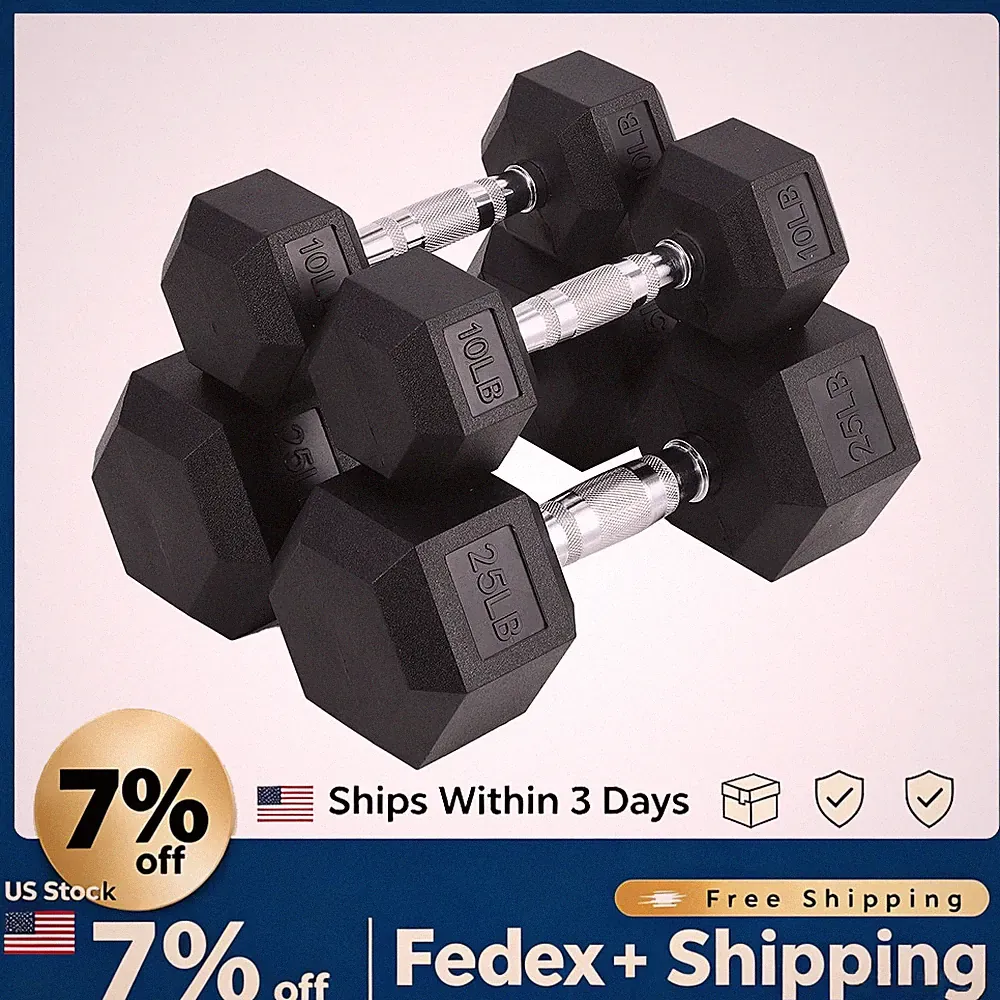 100 LB Rubber Coated Hex Dumbbell Set w/ Non-Slip Chrome Grip Home Gym