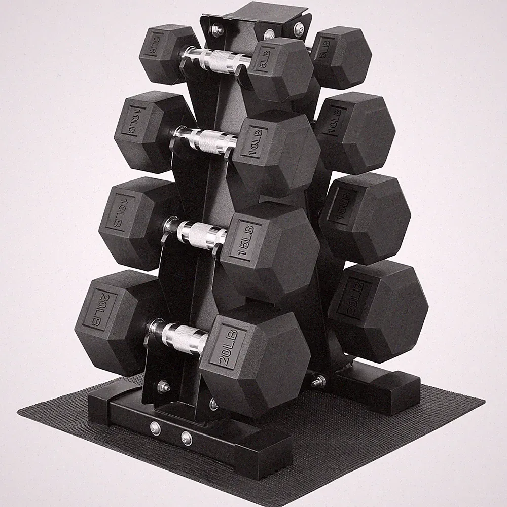 100LB Rubber Coated Hex Dumbbell Weight Set with Storage Rack, 5-20LB Free We...