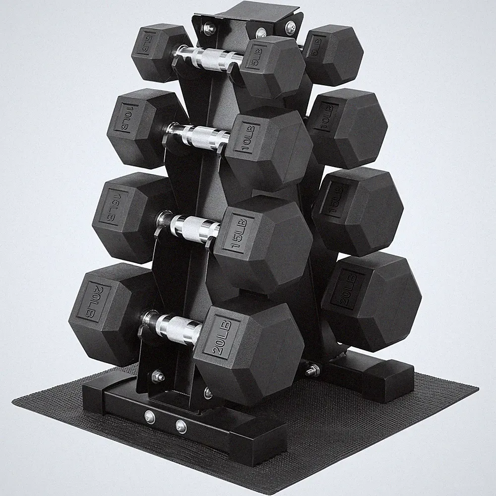 100LB Rubber Coated Hex Dumbbell Weight Set with Storage Rack, 5-20LB Free We...