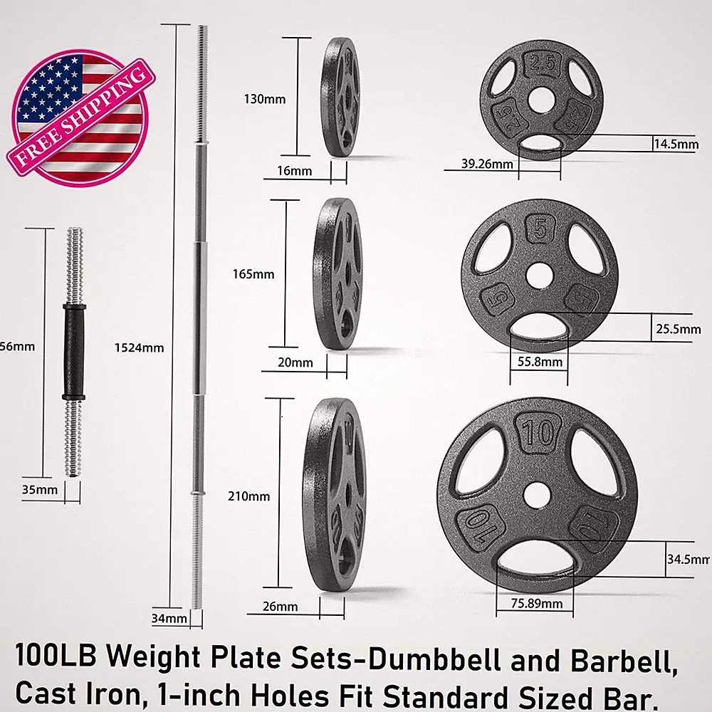 100LB Weight Plate Sets Dumbbell and Barbell, 1 in Holes Fit Standard Sized Bar