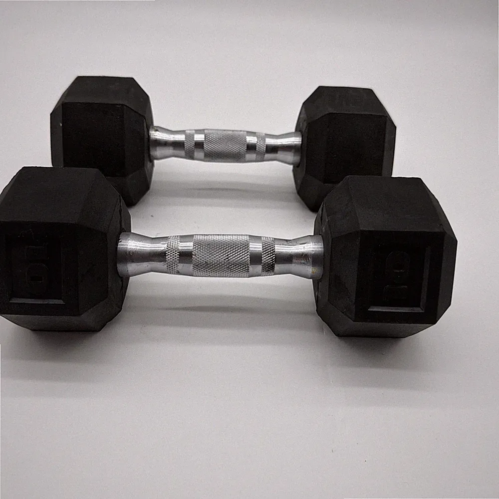 10lb Each Hex Dumbbells Pair Set of 2 Rubber Black/Silver Knurled