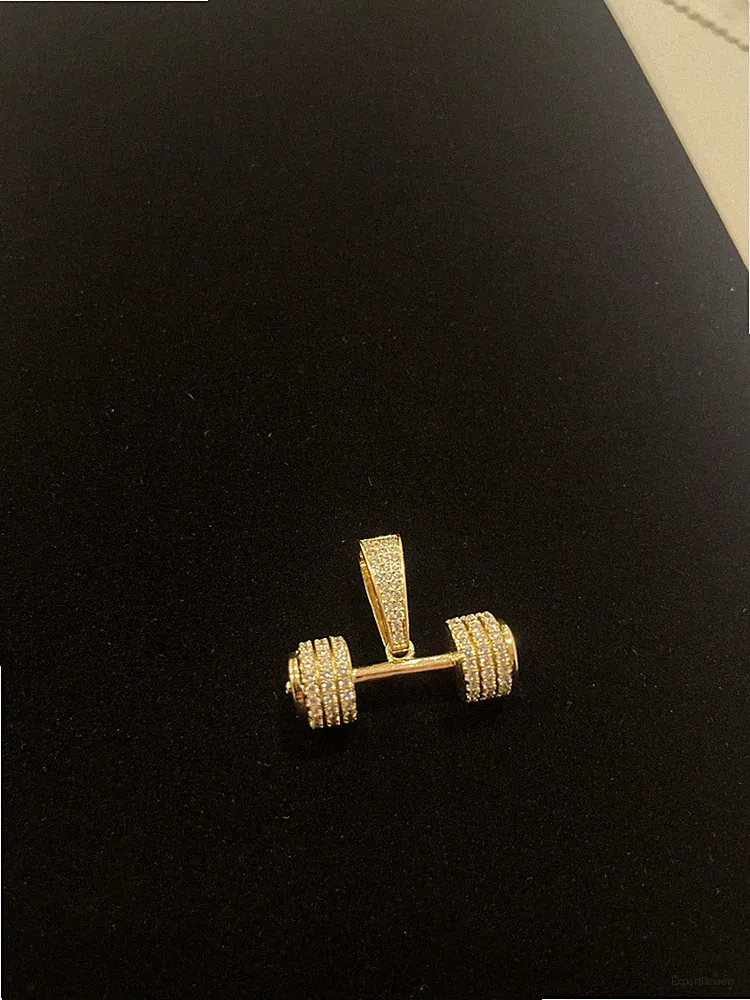 14K Gold Plated Stainless Steel 3D Dumbbell Gym Pendant Iced CZ Men’s Women’s