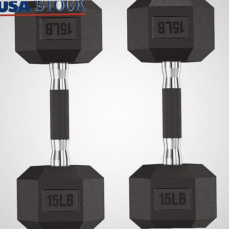 15 lb Dumbbells Cast Iron Rubber Coated Non-Slip Weight Training Hexagonal Pair