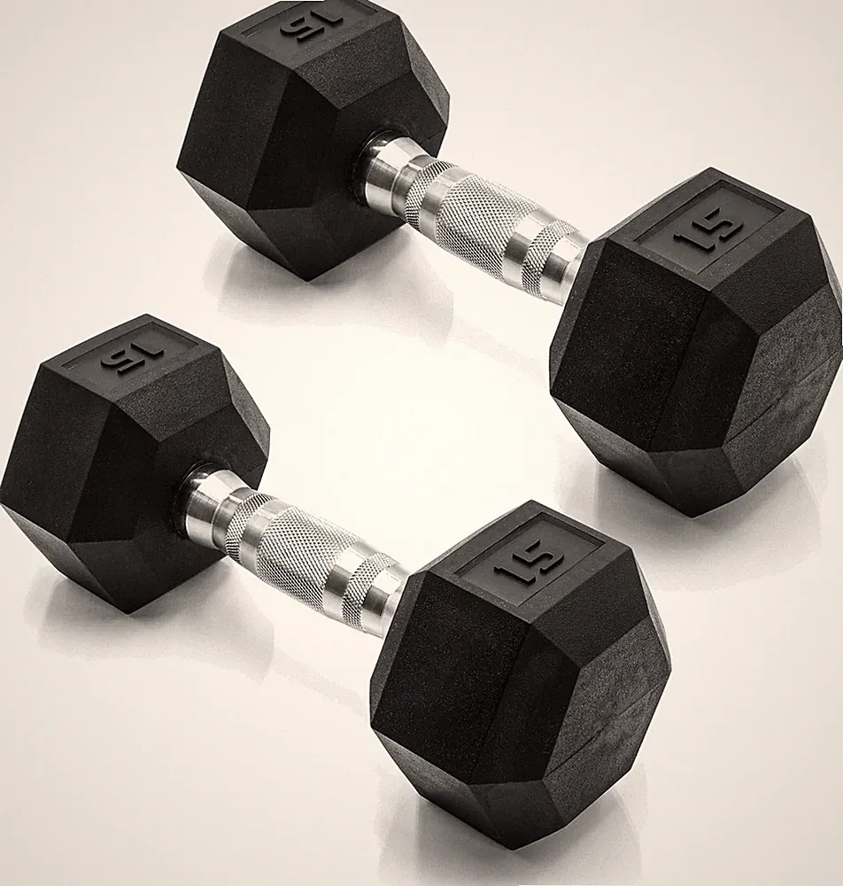 15 LB Rubber Coated Hex Dumbbell Weight, Rubber Free Weights for Home Gym Pair