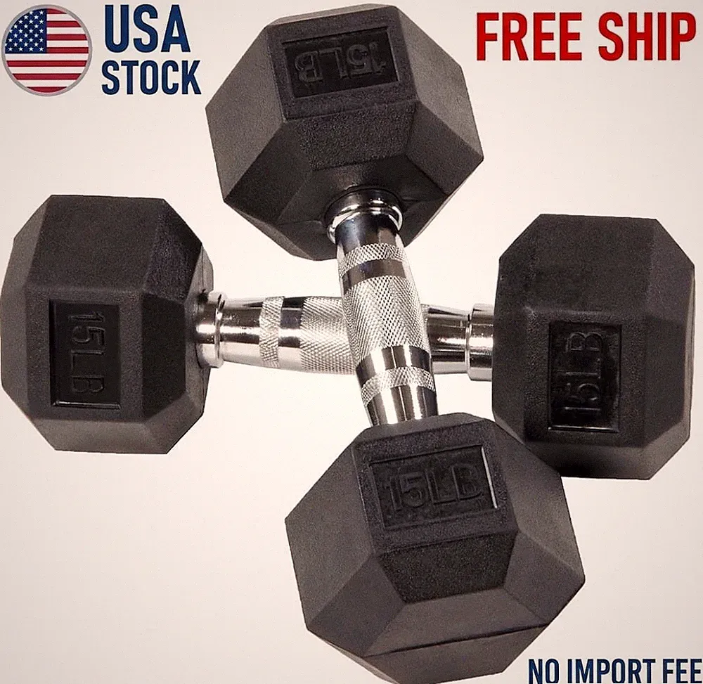 15 lb Rubber Hex Dumbbell Pair, Non-Slip Grip Weights for Home Gym