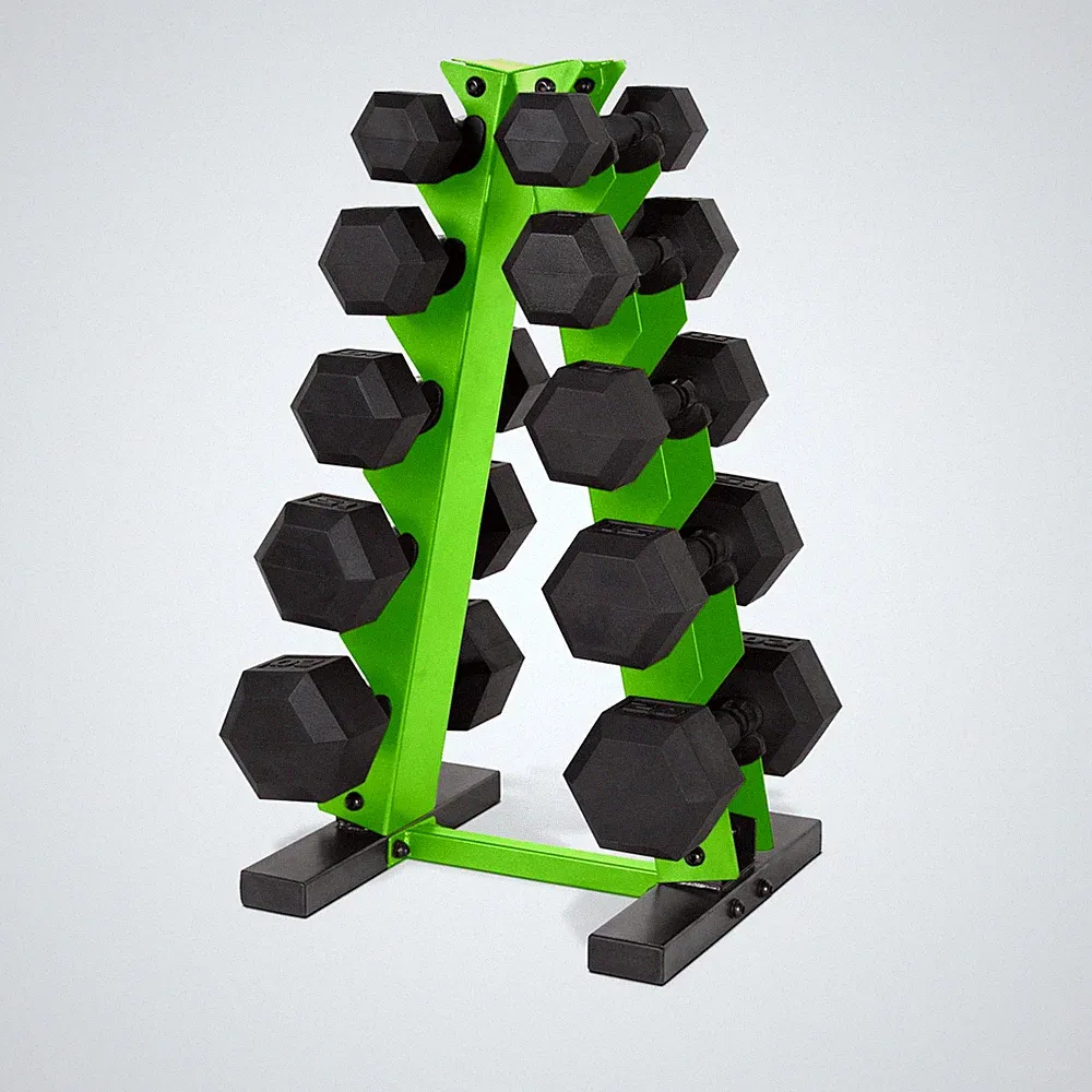150 LB Black Handle Coated Hex Dumbbell Set with Vertical Green Rack