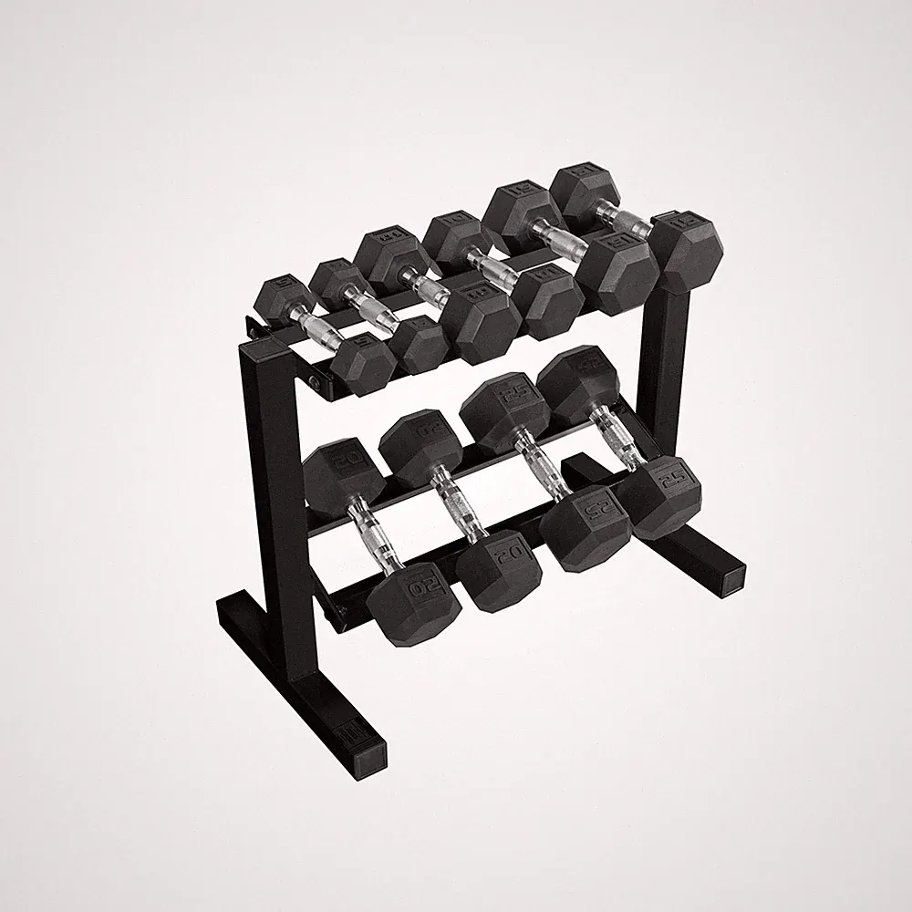 150 lb Coated Chrome Handle Hex Dumbbell Weight Set with Two Tier Rack