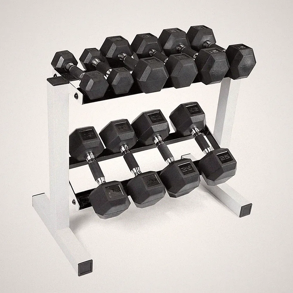150 lb Coated Comfort Handle Hex Dumbbell Weight Set with Two Tier White Rack