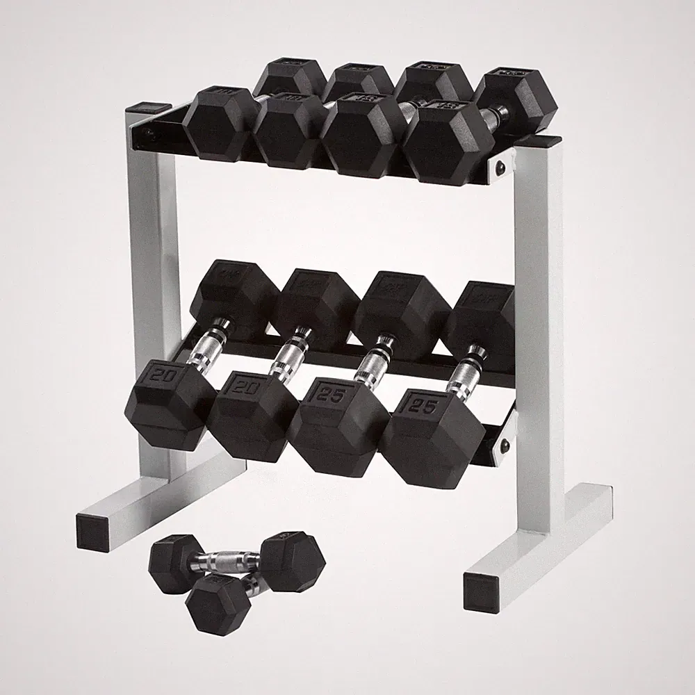 150 Lb. Coated Hex Dumbbell Weight Set, 5-25 Lb. with White Rack