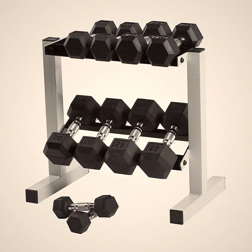 150 Lb. Coated Hex Dumbbell Weight Set, 5-25 Lb. with White Rack