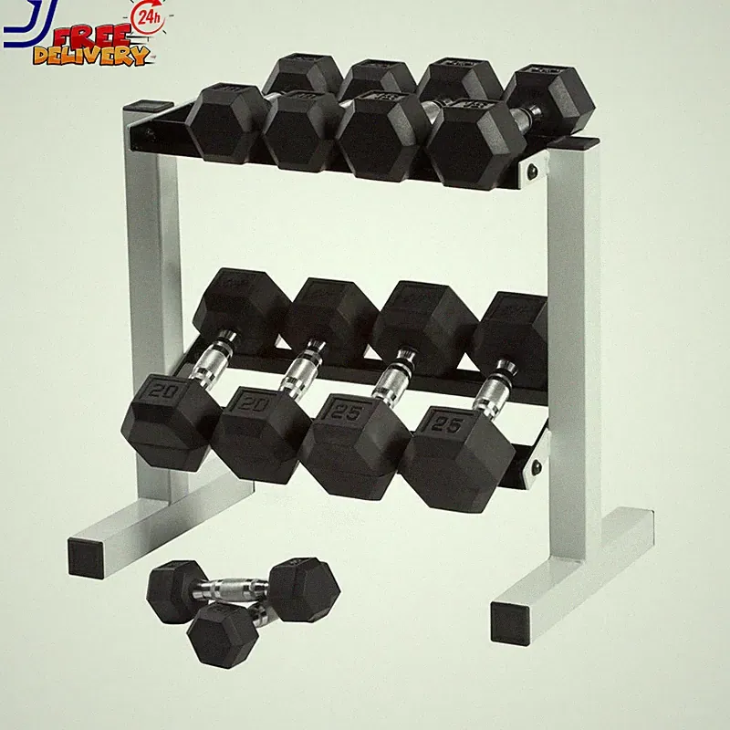 150 Lb. Coated Hex Dumbbell Weight Set 5-25 Lb. with White Rack FREE SHIPPING