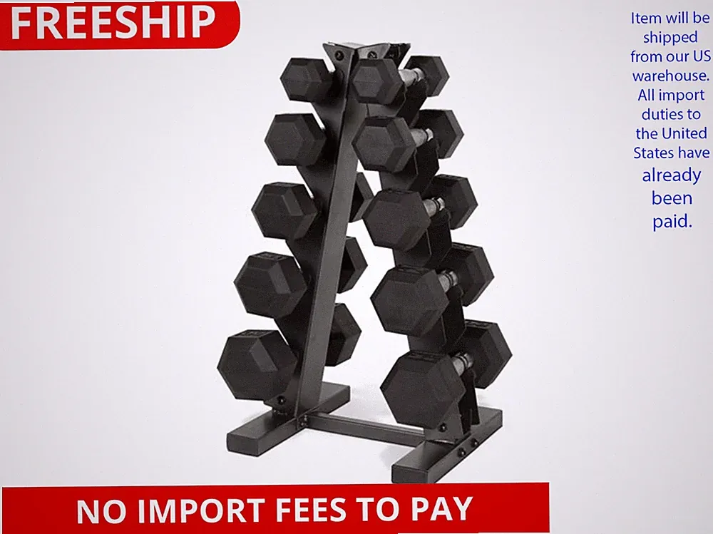 150 lb Coated Rubber Hex Dumbbell Weight Set with A-Frame Rack, Black