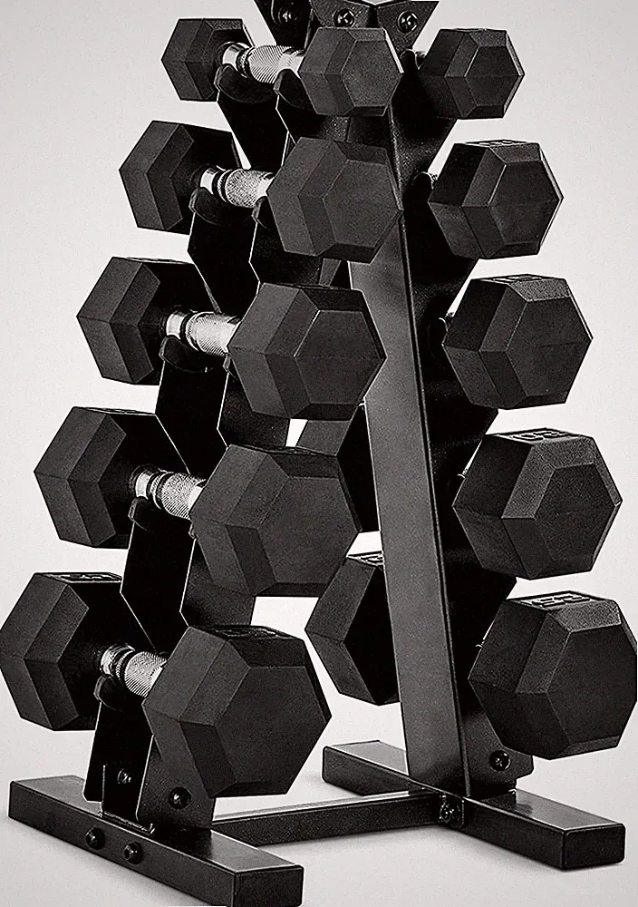 150 LB Hex Dumbbell Set with Vertical Rack - Versatile Weight Options