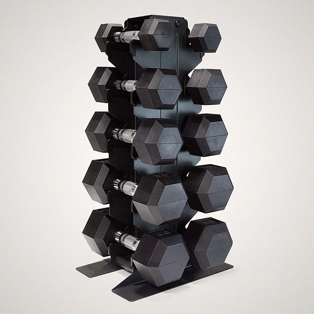 150 lb Rubber Coated Hex Chrome Handles Dumbbell Set with Vertical Dark Rack