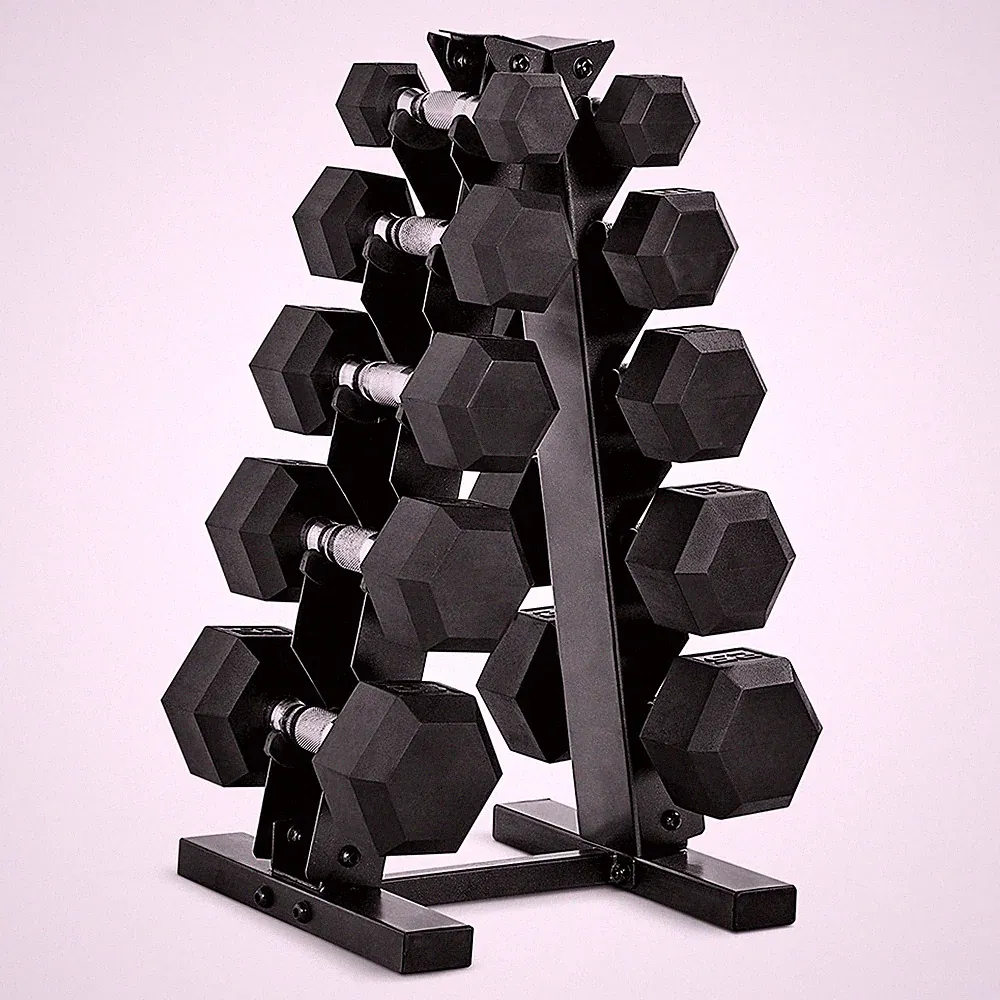 150 LB Rubber Coated Hex Dumbbell Hand Weight Set with Vertical Storage Rack...