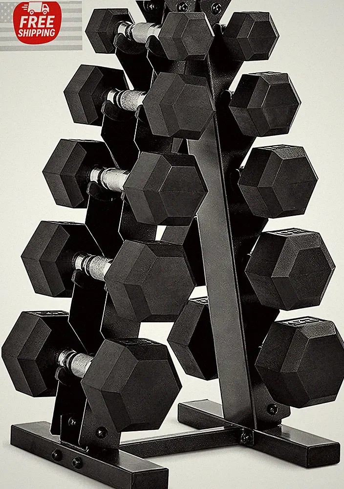 150 LB Rubber Coated Hex Dumbbell Hand Weight Set with Vertical Storage Rack