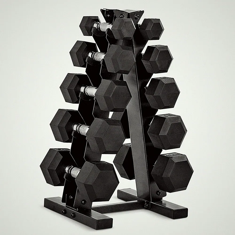 150 lb Rubber Coated Hex Dumbbell Set with Vertical Rack, Space-Saving A-Fram...