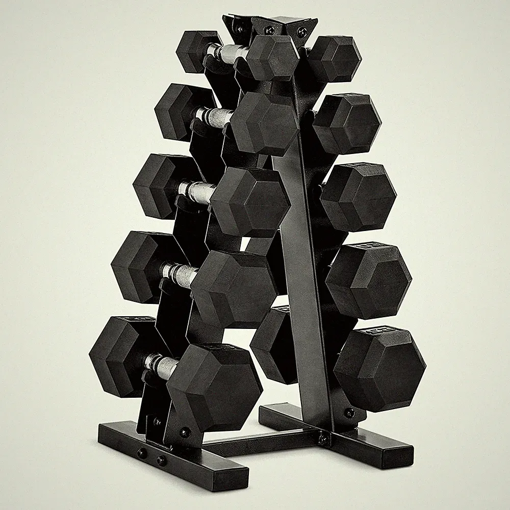 150 lb Rubber Coated Hex Dumbbell Set with Vertical Rack, Space-Saving A-Fram...