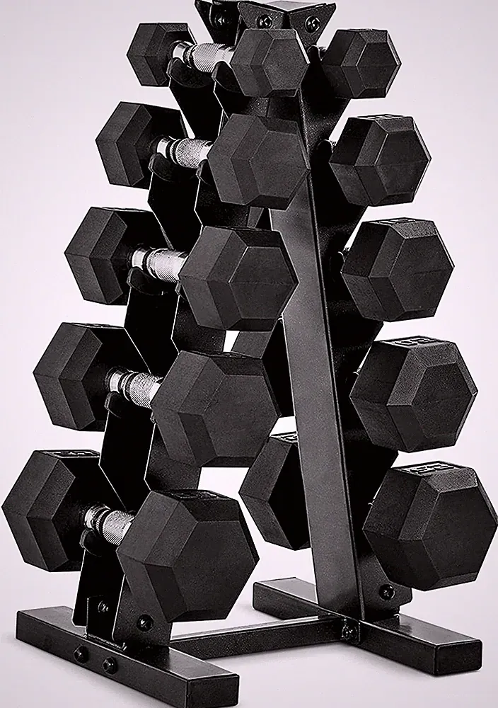 150 LB Rubber Coated Hex Dumbbell Set with Vertical Storage Rack - Chrome Handle