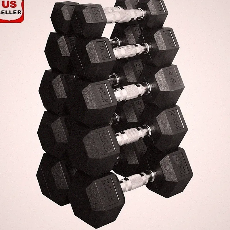 150 LB Rubber Hex Dumbbell Set Pair of 5 10 15 20 25 LBs Compact Weight Set New