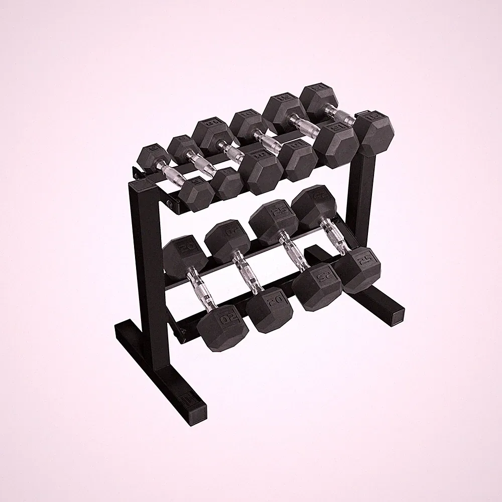 150 LB Rubber Hex Dumbbell Set with 2-Tier Rack for Home Gym Strength Trainin...
