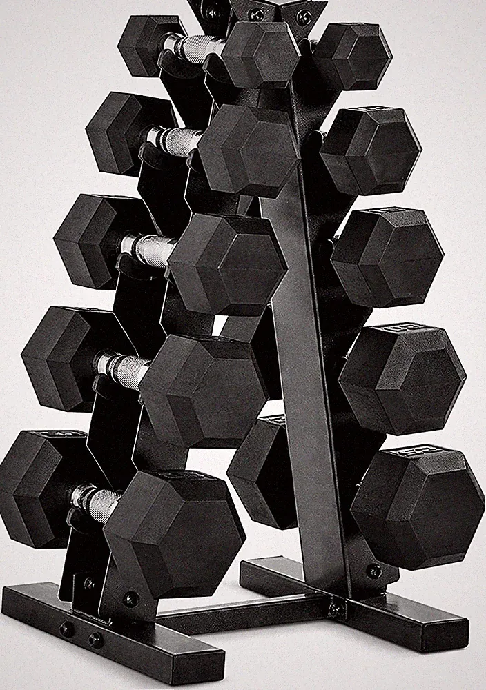 150LB Coated Hex Dumbbell Weight Set and A-Frame Storage Rack, 5-25 lbs Pairs