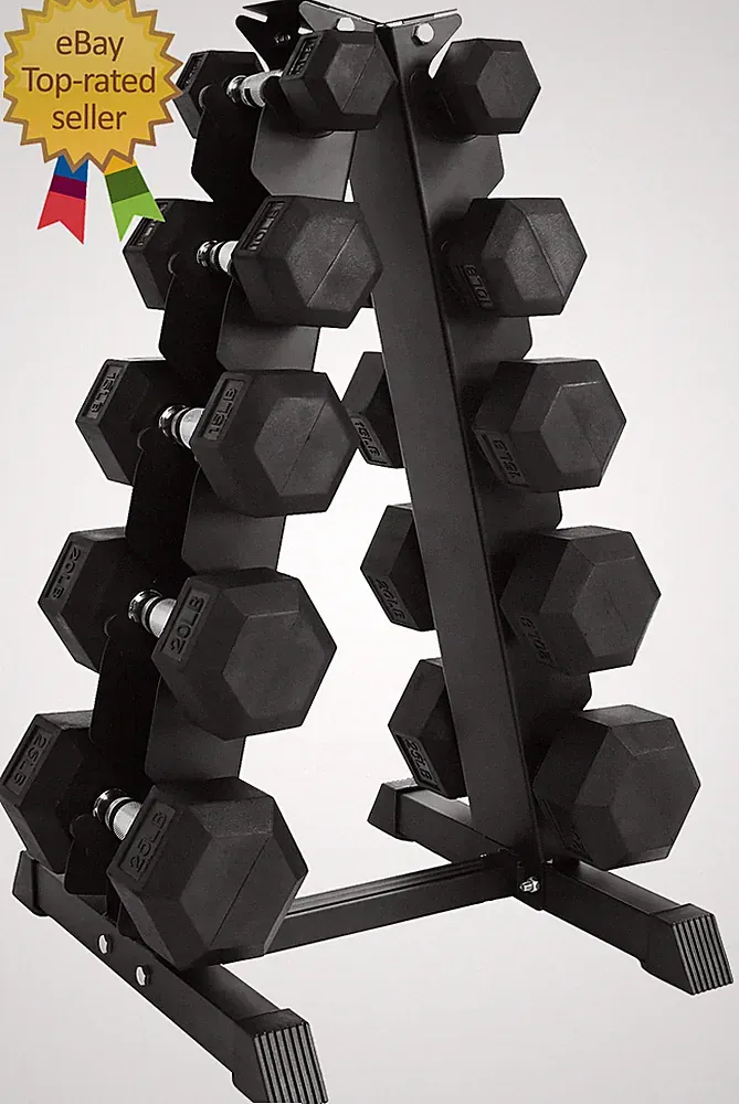 150LB Rubber Coated Hex Dumbbell Weight Set with A-Frame Rack, 5-25 Lbs Pairs
