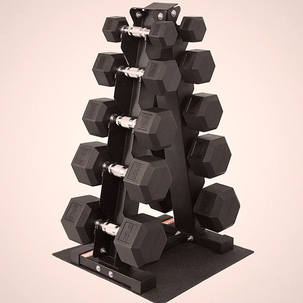 150LB Rubber Coated Hex Dumbbell Weight Set with Storage Rack, 5-25LB Free We...