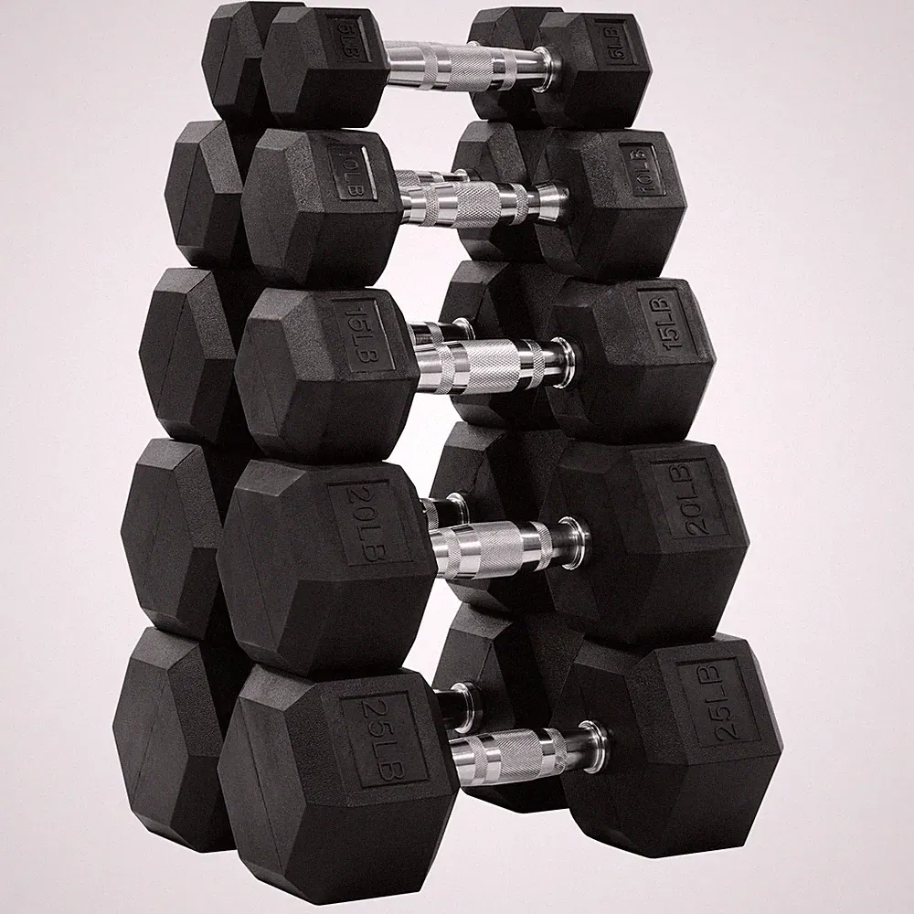 150LB Rubber Encased Hex Dumbbell Weight Set Contoured Handle for Muscle Toni...
