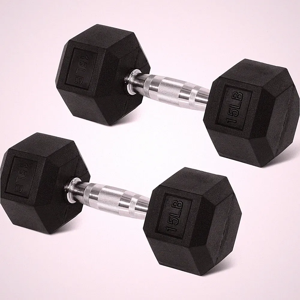15LB Hex Rubber-Coated Dumbbell Pairs – Durable Anti-Roll Design for Home Gym St