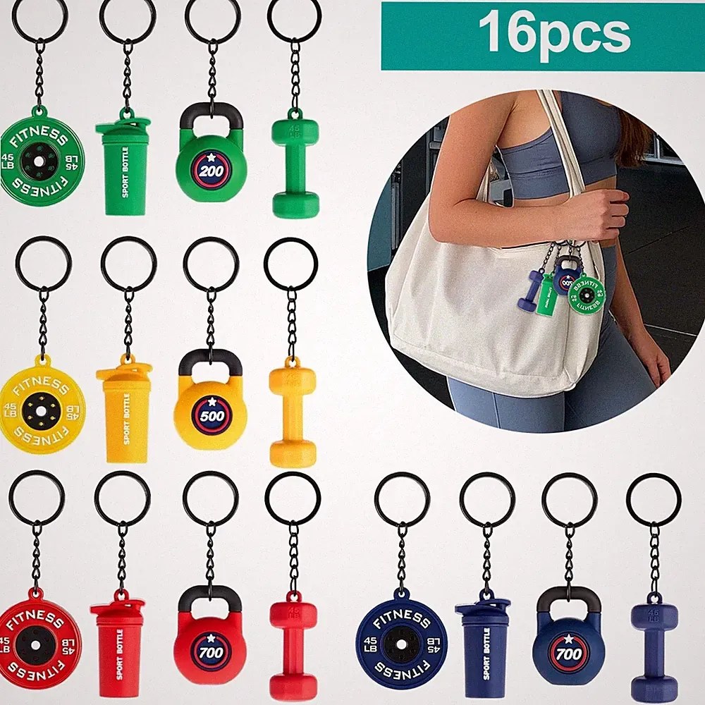 16PCS Fitness Keychain Set Gym Barbell Weightlifting Dumbbell Keyrings Silicone