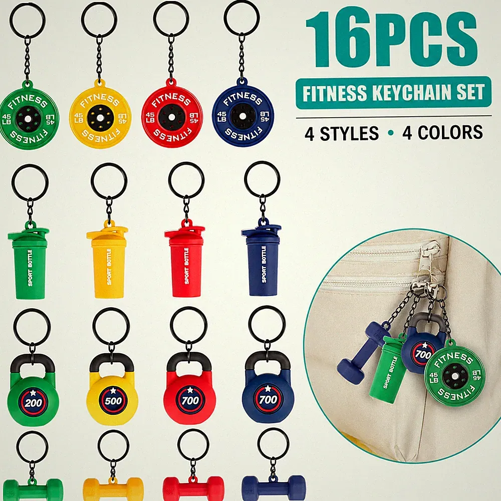 16PCS Gym Keychain Set Mini Dumbbell Barbell Charm Fitness Lover Gift Backpack
