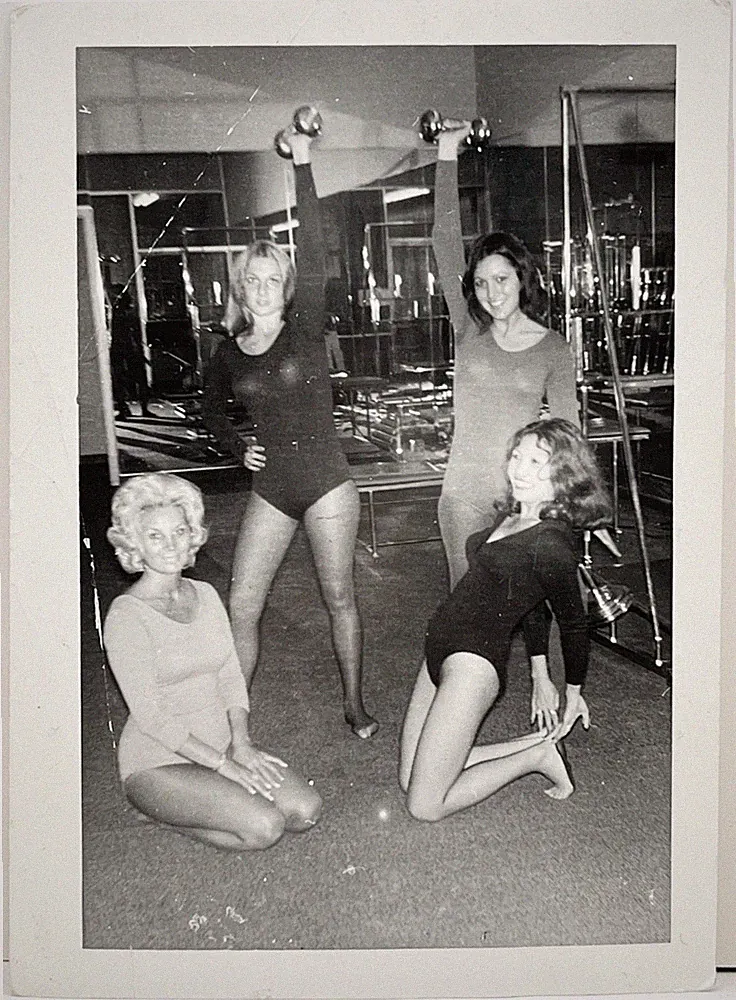 1970s Four Young Women Fitness Studio Leotards Dumbbells Cute Vtg Snapshot Photo