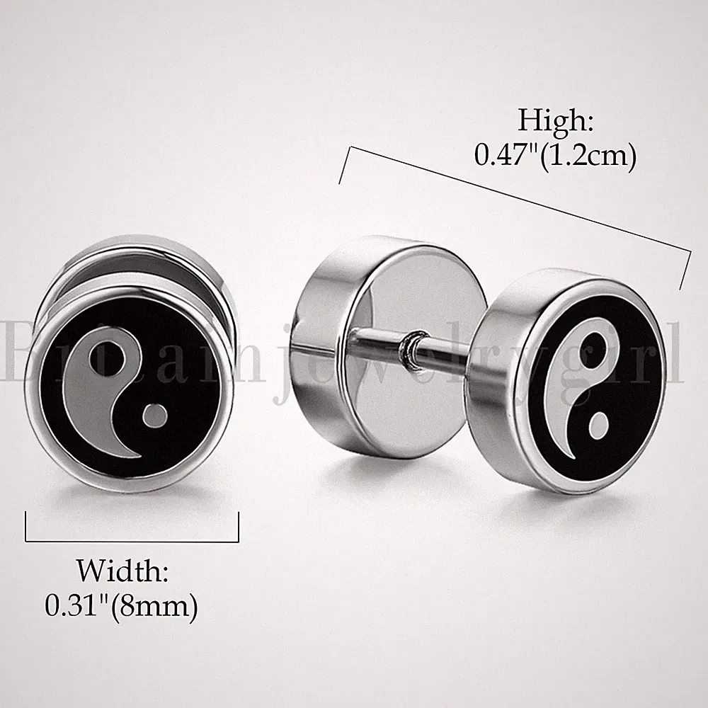 2-6pcs Stainless Steel Round BAGUA YING YANG Barbell Dumbbell Stud Earrings