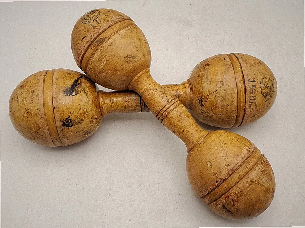 2 Antique Wooden Dumbbells 1lb & 1-1/2lb Exercise Weights Lowe Cambell Athletic