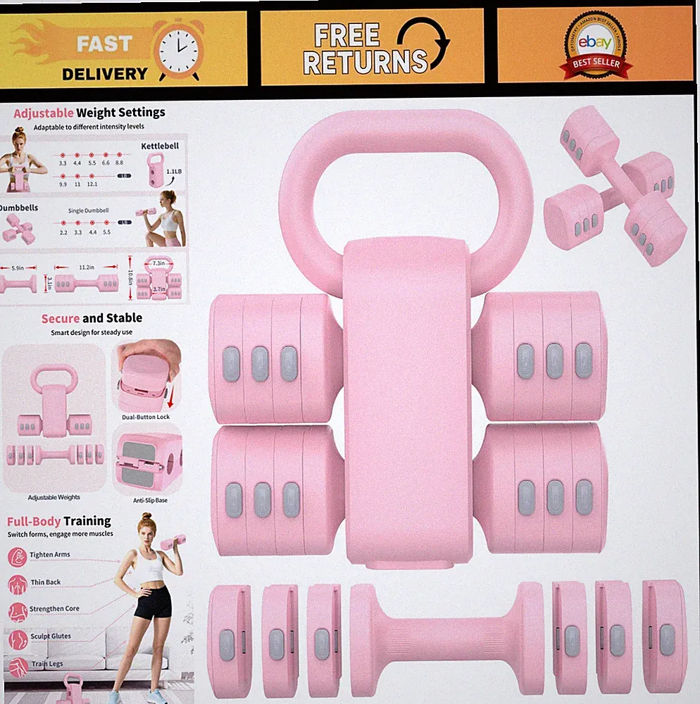 2-in-1 Adjustable Dumbbells Set, 4 Weight Levels, Hand Weights & Kettlebell for