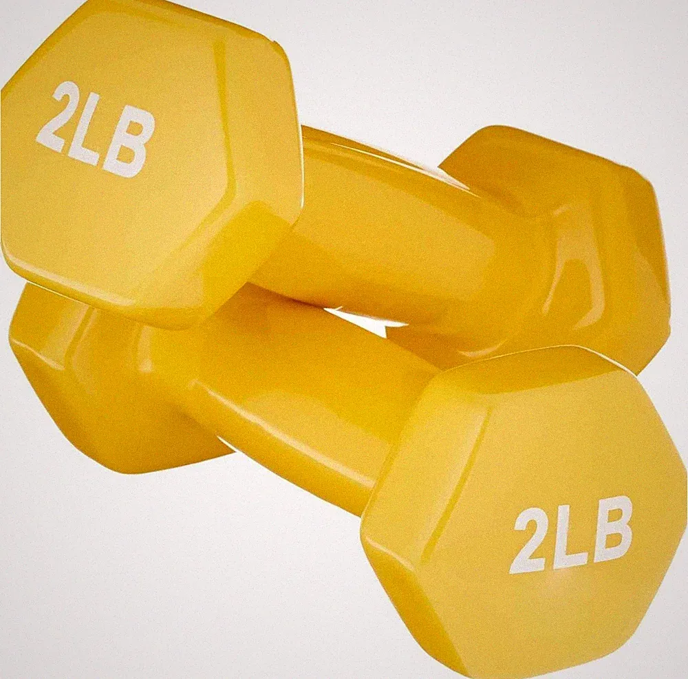 2 lb Yellow Vinyl Dumbbell with Hex Anti-Roll Non-Slip Grip
