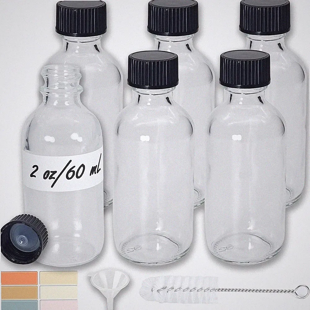 2 oz Glass Bottles 6 Pack Clear Leak Proof Travel Bottles with Labels