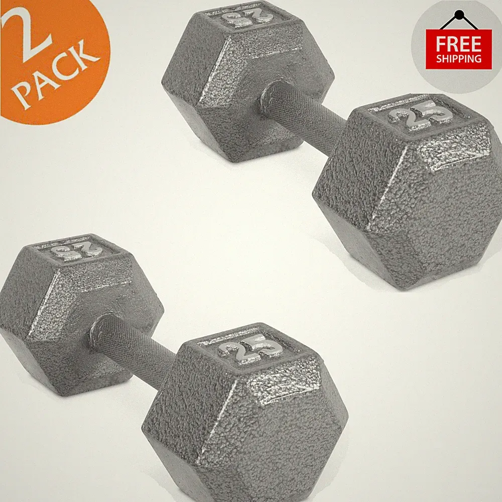 2 Pack 25 Lb Cast Iron Hex Dumbbell Strength Training Home Workout Fitness Gym