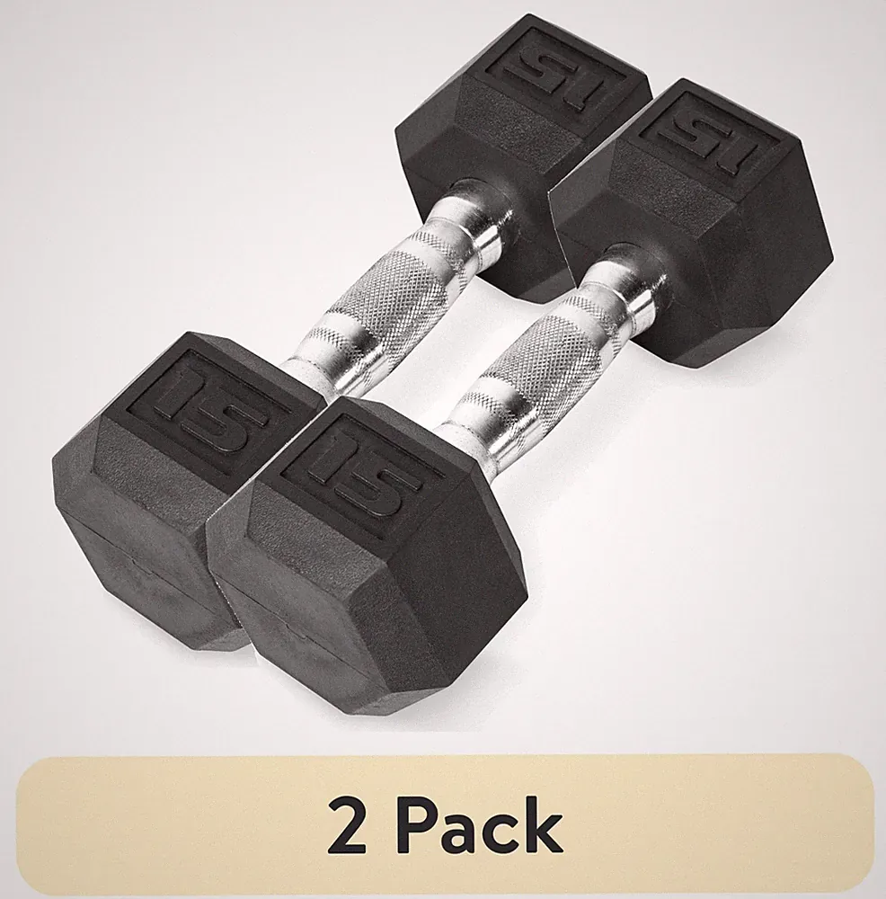 2-Pack CAP Barbell 15lb Rubber Hex Dumbbells, Non-Rolling Design