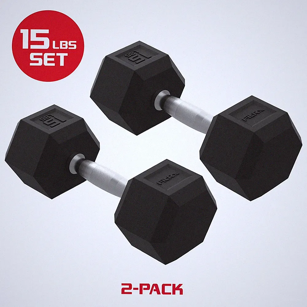 2 Pack FitRx 15lbs Rubber Hex Dumbbell Set – Solid Steel Handles, Durable, Pair